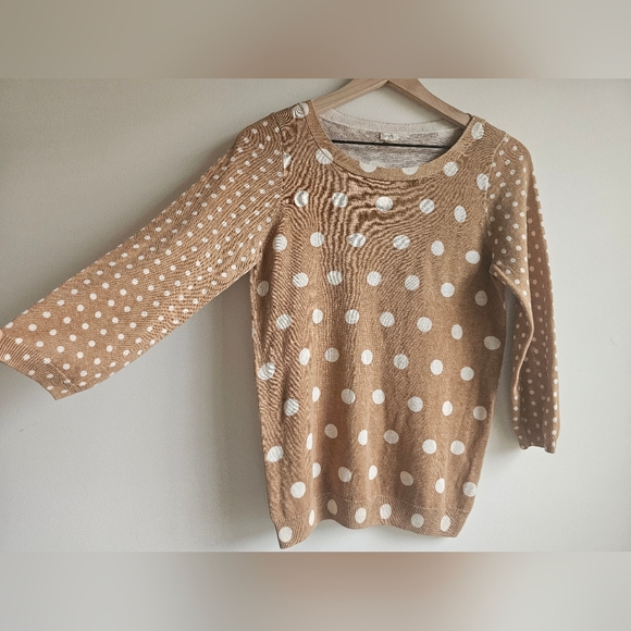 J. Crew Tan Cream Polka Dot Boatneck Pullover Linen Cotton Sweater M - Picture 3 of 8